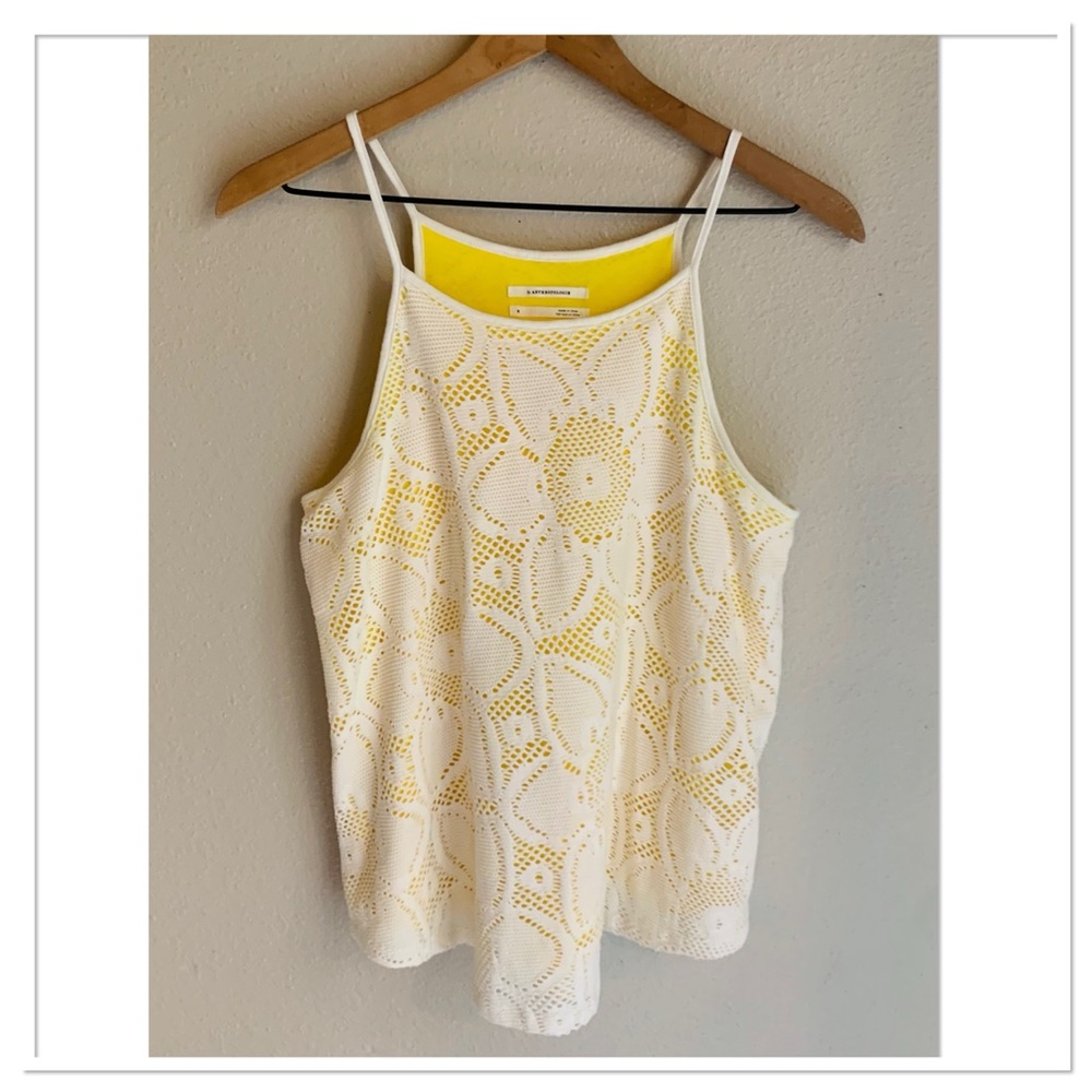 Anthropologie Cosette High Neck Lace Overlay Top Ivory Yellow Size Small